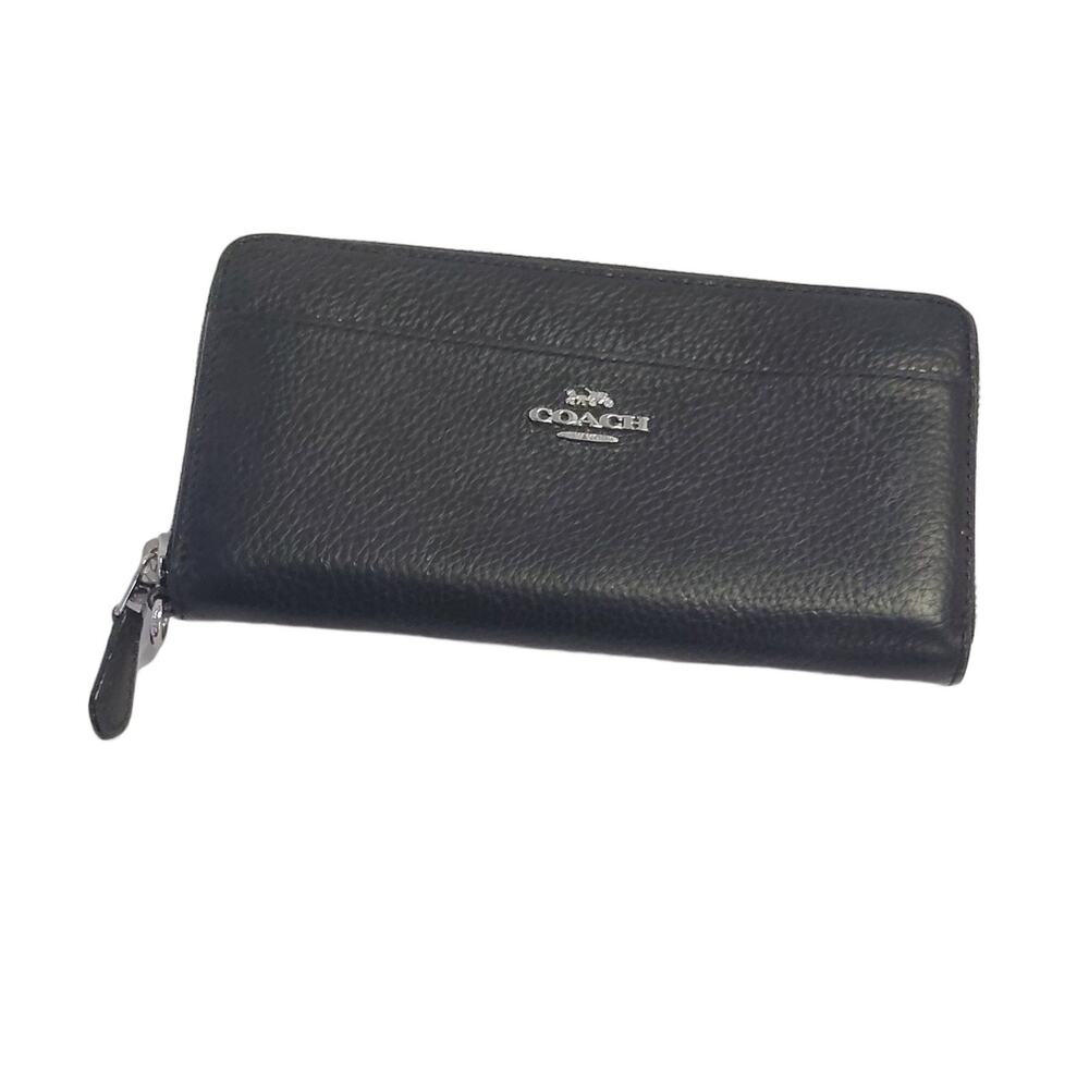 COACH Women's Black Leather Zip-Around Wallet Logo Folding Credit Card Holder